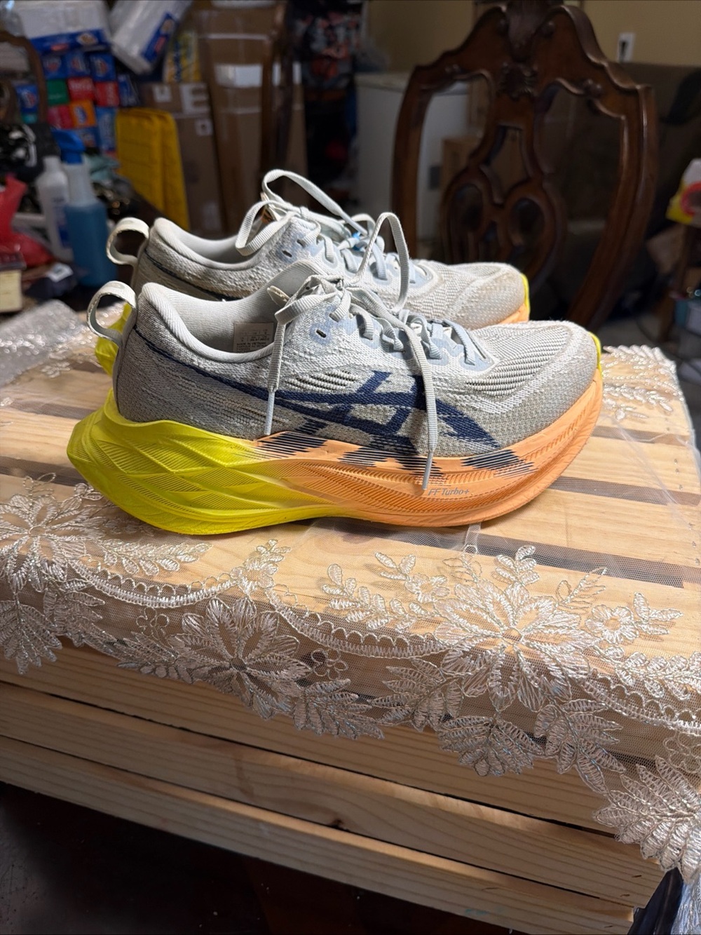 Oasis Women’s Gray Mesh Running Shoes with Yellow and Orange Sole